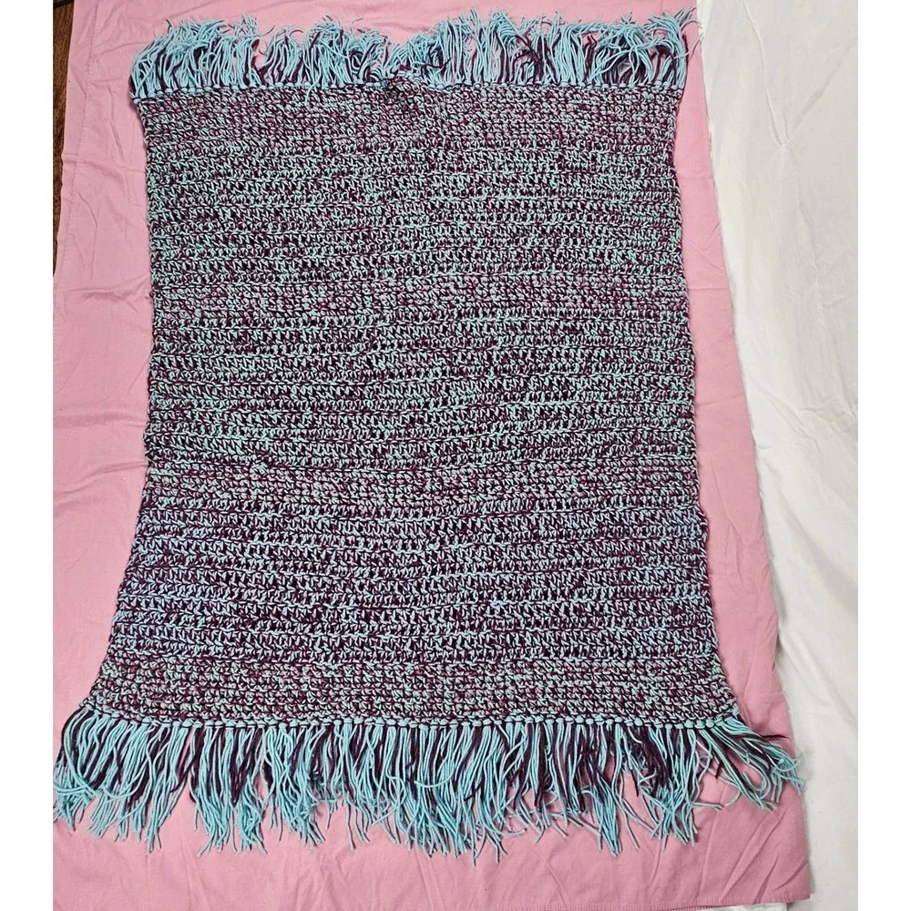 Handmade Crochet Blanket Throw Burgundy‎ Teal Fringe Cozy Afghan Home Decor Gift